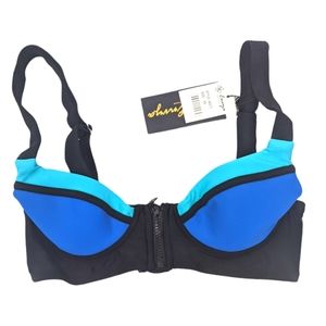 Colorblock Zipper Bikini Top Envya Swimwear NWT XS Blue Black Swim Bathing Suit